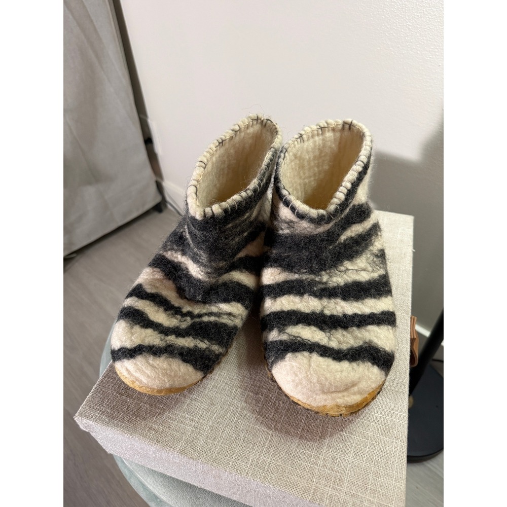 Artisanal Wool Zebra Stripe Slipper Boots Cream Black Felted Ankle Booties